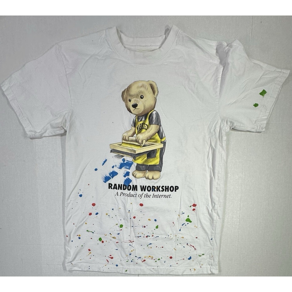 MARKET Random Workshop Bear T-Shirt Men's Small White Paint Splatter Graphic